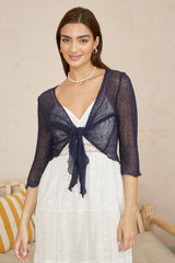 Yumi Navy Popcorn Yarn Tie Front Bolero