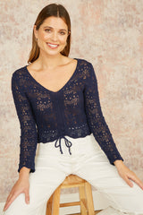 Yumi Navy Crochet Top With Front Ruching