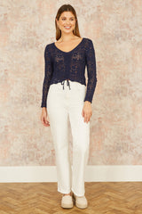 Yumi Navy Crochet Top With Front Ruching