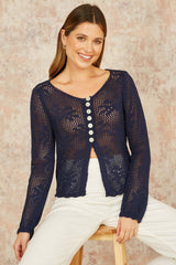 Yumi Navy Flower Crochet Button Up Cardigan