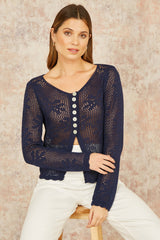 Yumi Navy Flower Crochet Button Up Cardigan