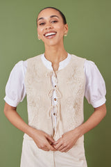 Yumi Beige Knitted Tie Front Waistcoat With Floral Details