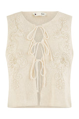 Yumi Beige Knitted Tie Front Waistcoat With Floral Details