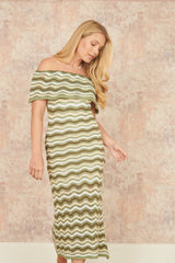 Yumi Green Stripe Crochet Knit Bardot Midi Dress