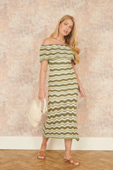 Yumi Green Stripe Crochet Knit Bardot Midi Dress
