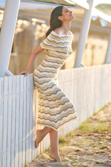 Yumi Beige Stripe Crochet Knit Bardot Midi Dress