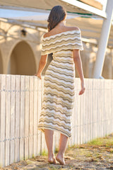 Yumi Beige Stripe Crochet Knit Bardot Midi Dress