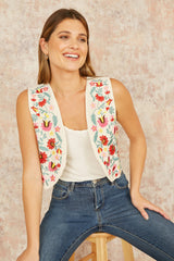 Yumi White Folk Embroidered Cotton Waist Coat
