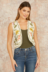 Yumi White Floral Embroidered Cotton Waist Coat