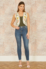 Yumi White Floral Embroidered Cotton Waist Coat