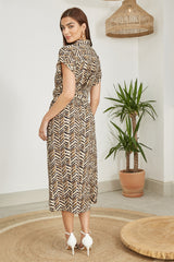 Yumi Brown Abstract Animal Print Relaxed Midi Shirt Dress With Belt