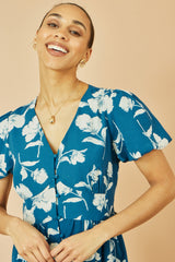 Yumi Teal Floral Button Down Floral Midi Dress