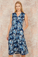 Yumi Blue Floral Mesh Wrap Skater Dress With Pockets
