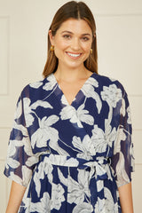 Yumi Navy Mesh Bird And Floral Print Midi Dress With Ruffles