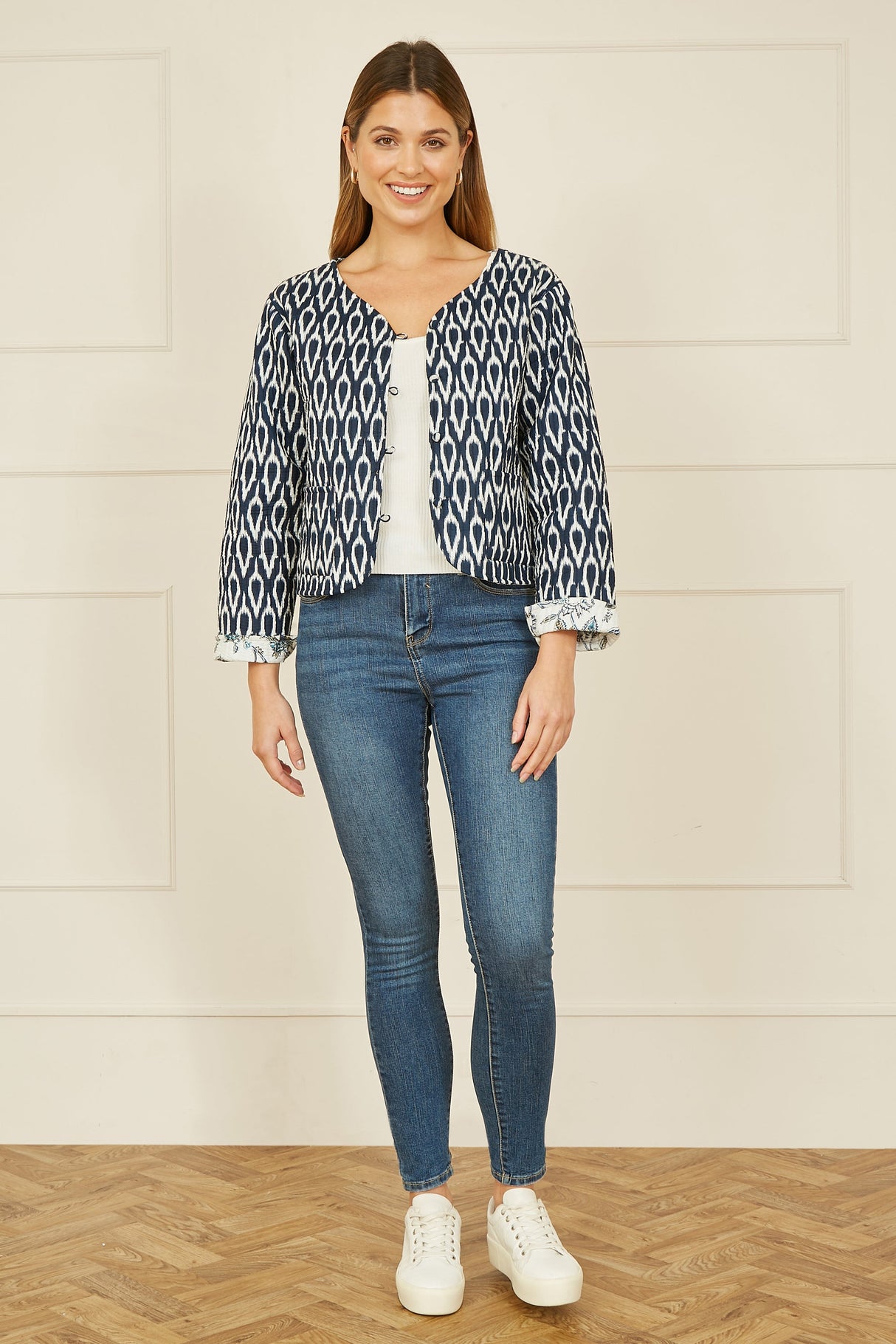 Yumi Navy Ikat Reversible Cotton Quilted Jacket