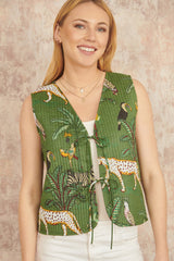 Yumi Green Animal Reversible Cotton Quilted Waistcoat