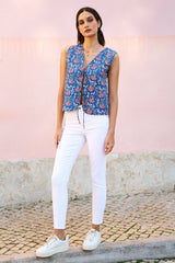 Yumi Blue Flower Reversible Cotton Quilted Waistcoat