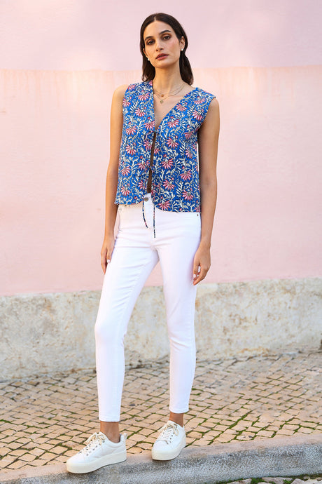 Yumi Blue Flower Reversible Cotton Quilted Waistcoat