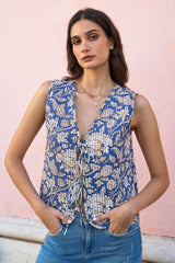 Yumi Blue Leaf Reversible Cotton Quilted Waistcoat