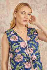 Yumi Navy Flower Reversible Cotton Quilted Waistcoat
