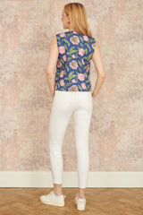 Yumi Navy Flower Reversible Cotton Quilted Waistcoat