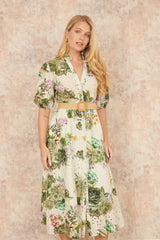 Yumi Green Cotton Broderie Anglaise Midi Shirt Dress
