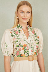 Yumi Ivory Cotton Printed Midi Floral Placement Shirt Dress