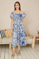 Yumi Blue Ruched Waist Bardot Blossom Tree Print Midi Dress