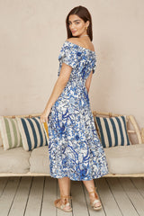 Yumi Blue Ruched Waist Bardot Blossom Tree Print Midi Dress