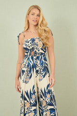 Yumi Navy Palm Print Strappy Viscose Jumpsuit