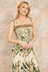 Yumi Green Palm Print Strappy Viscose Jumpsuit