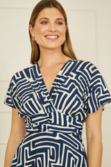 Yumi Navy Geometric Print Ruched Waist Midi Dress With Kimono Sleeves