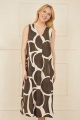 Yumi Brown Cotton Abstract Circle Trapeze Relaxed Midi Dress