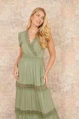 Yumi Green Viscose Lace Trim Wrap Maxi Dress