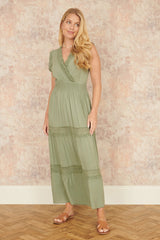 Yumi Green Viscose Lace Trim Wrap Maxi Dress