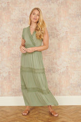Yumi Green Viscose Lace Trim Wrap Maxi Dress