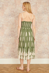 Yumi Green Viscose Paisley Print Lace Trim Midi Sun Dress