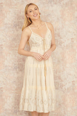 Yumi Beige Viscose Paisley Print Lace Trim Midi Sun Dress