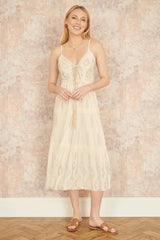 Yumi Beige Viscose Paisley Print Lace Trim Midi Sun Dress