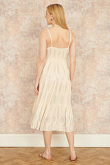 Yumi Beige Viscose Paisley Print Lace Trim Midi Sun Dress