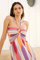 Yumi Multicolour Block Print Halter Neck Cotton Maxi Dress