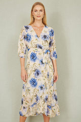 Yumi Cream Vintage Floral Wrap Midi Dress With Frill
