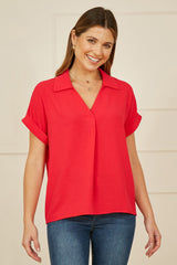 Yumi Red Stretch Relaxed Top With Collar