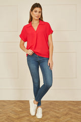 Yumi Red Stretch Relaxed Top With Collar