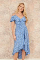 Yumi Blue Ditsy Print Bardot Midi Dress With Dip Hem