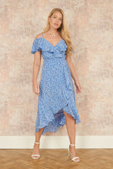 Yumi Blue Ditsy Print Bardot Midi Dress With Dip Hem