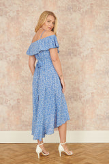 Yumi Blue Ditsy Print Bardot Midi Dress With Dip Hem