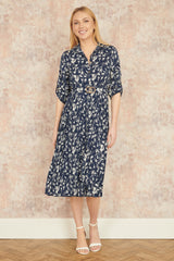Yumi Navy Floral Print Pleated Skater Dress With Buckle