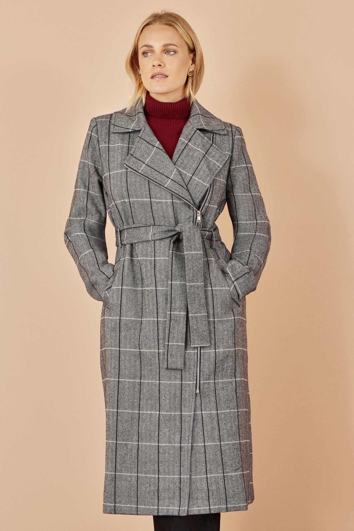 Yumi Grey Check Oversize Long Biker Coat