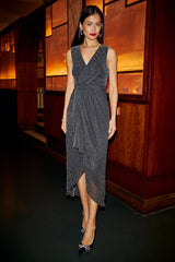 Yumi Black Metallic Pleated Frill Wrap Midi Dress